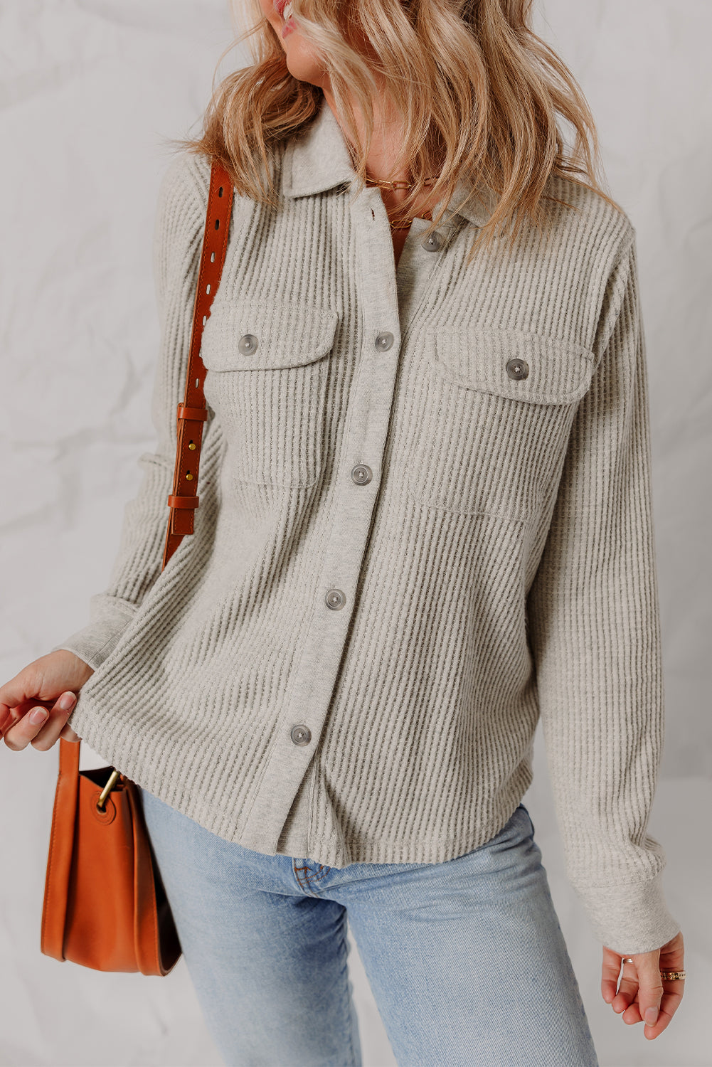Stylish Women's Light Grey Waffle Textured Shacket with Pocket - Versatile Layering Jacket for Effortless Outfits