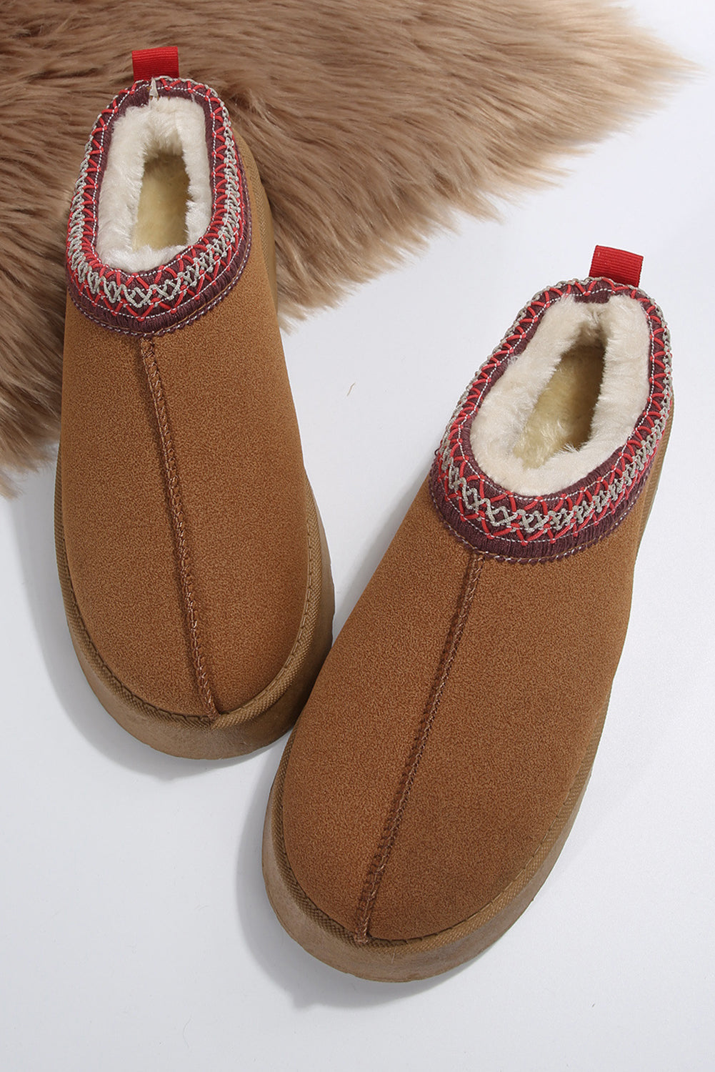 Women's Chestnut Suede Snow Boots with Plush Lining & Trendy Contrast Print for Cozy Winter Style