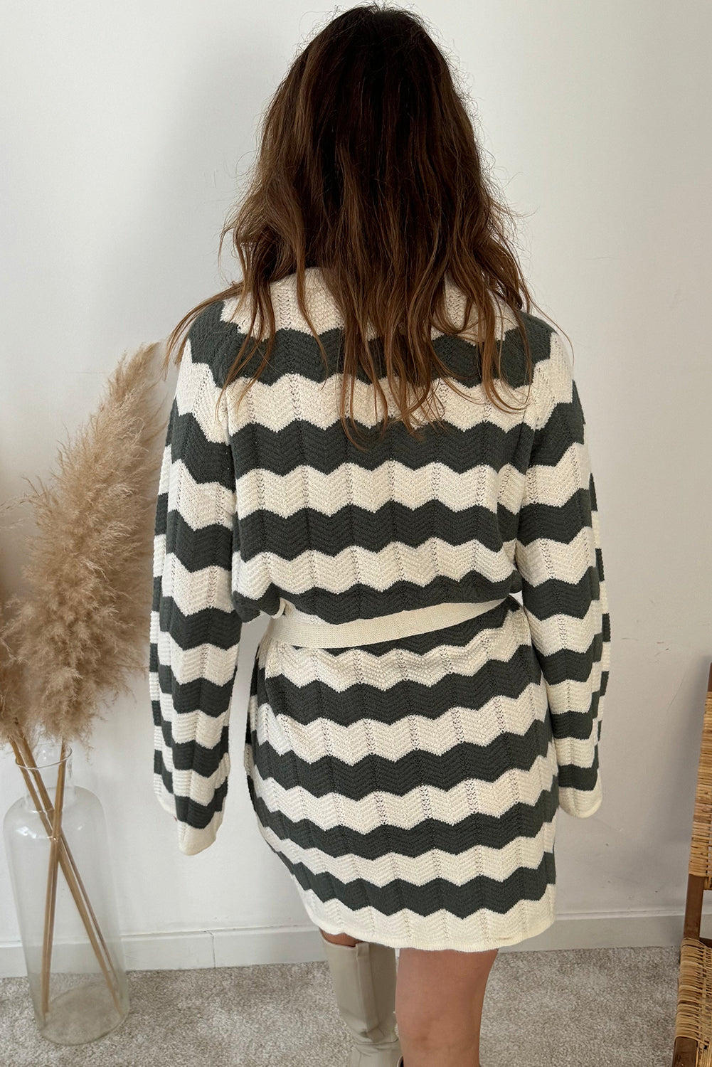 Women's Casual Chic Green Stripe Loose-Fit Belted Sweater Dress with Long Sleeves for Effortless Style