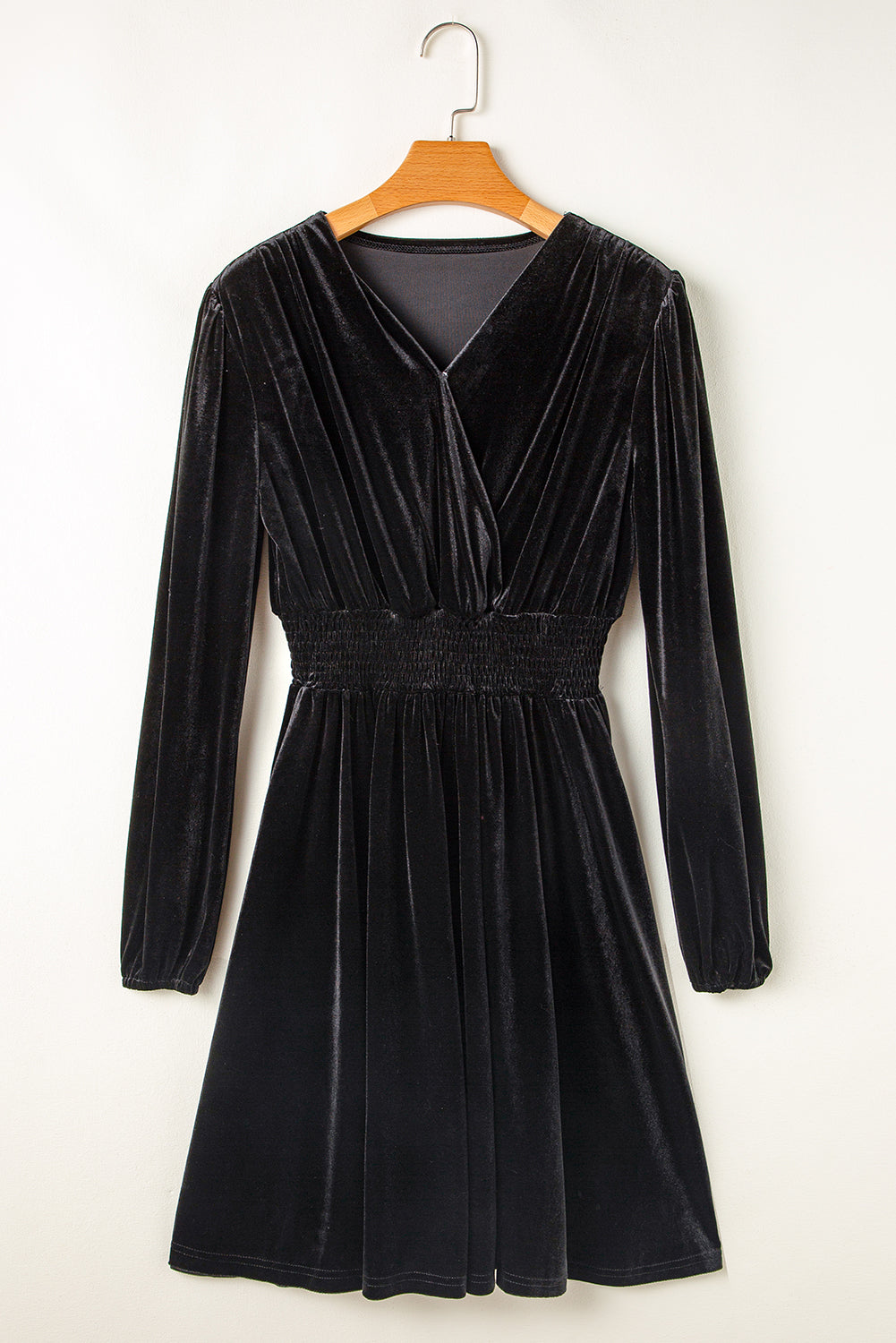 Elegant Black Velvet Long Sleeve Surplice Mini Dress for Women Chic High Waist Fit Perfect for Parties and Events