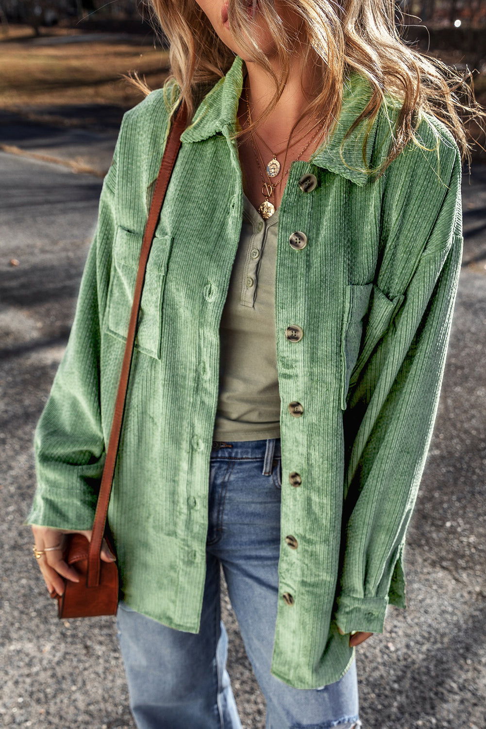 Women's Mist Green Corduroy Shacket with Pockets - Trendy Button-Up Jacket for Effortless Casual Style