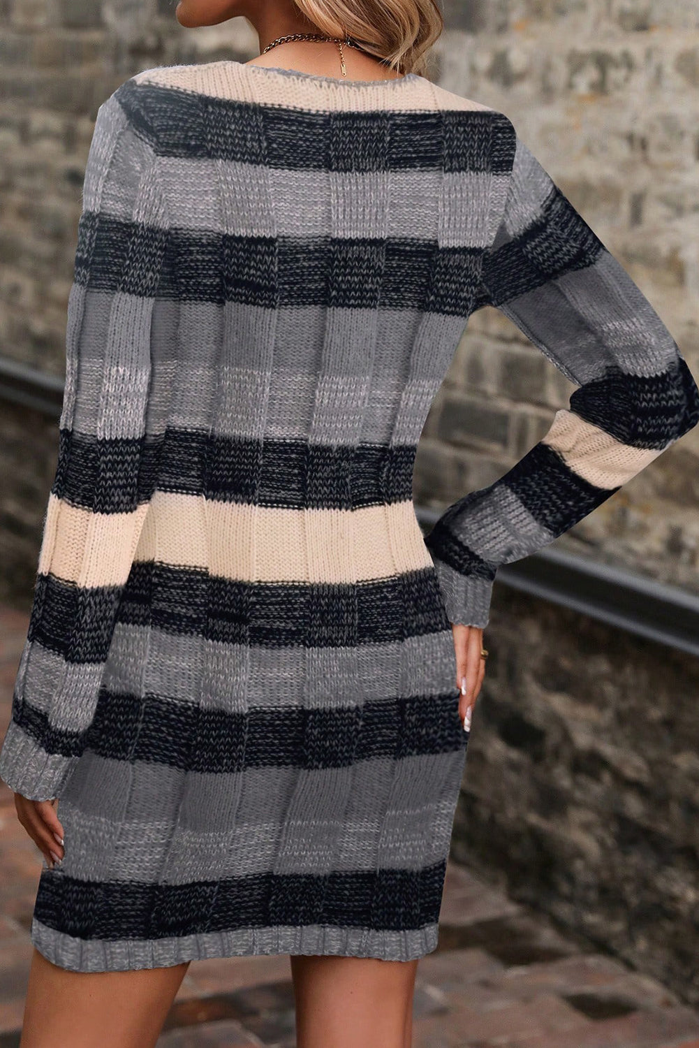 Stylish Women's Gray Striped Textured Knit V-Neck Bodycon Mini Dress for Comfortable Everyday Chic