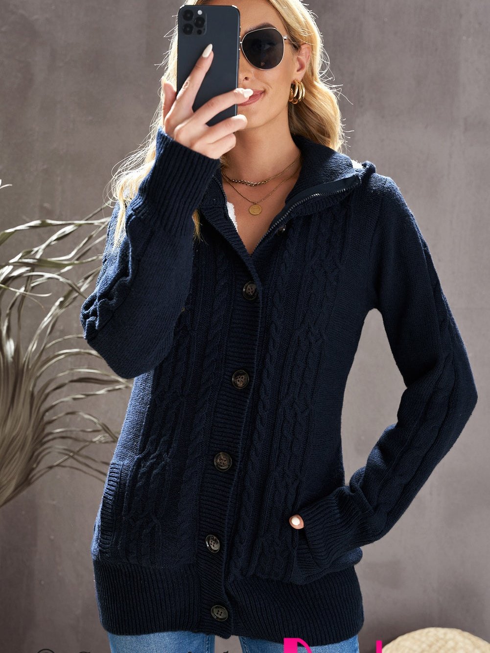 Navy Blue Cable Knit Faux Fur-Lined Hooded Sweater Coat