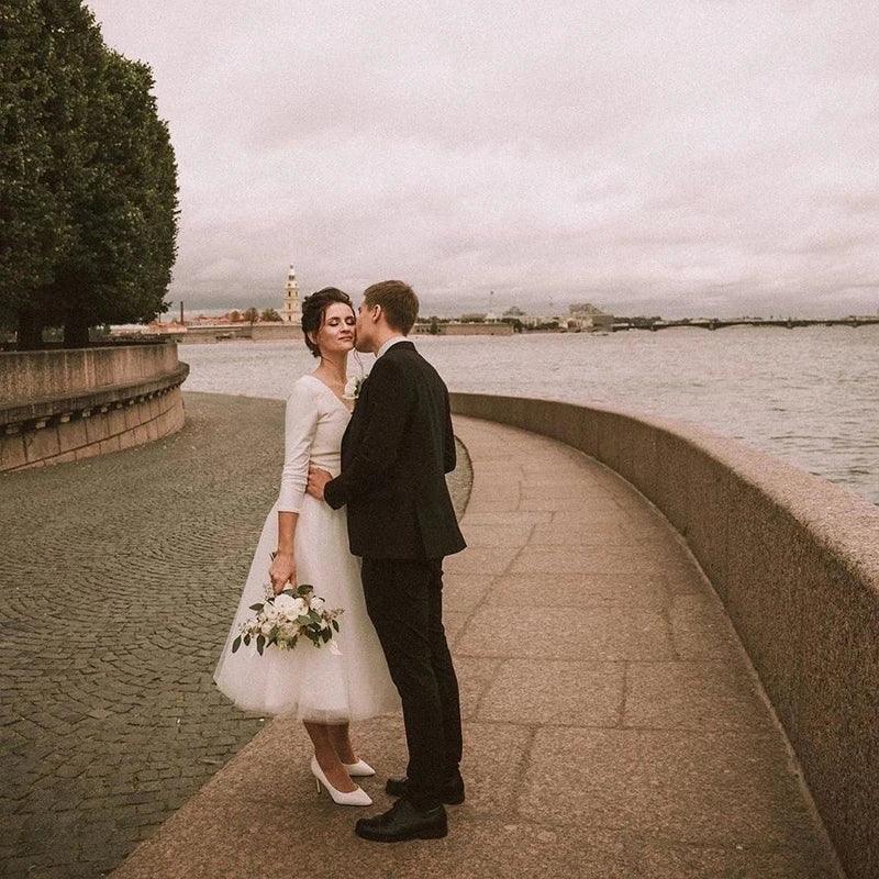 Custom Made Long Sleeve A-Line Short Wedding Dress – White Ivory Satin & Tulle Bridal Gown for Wedding or Party