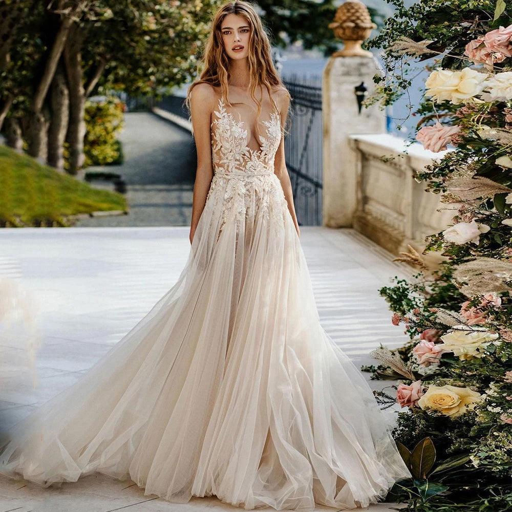 Boho Deep V-Neck A-Line Wedding Dress with Floral Lace Appliqué, Custom Made