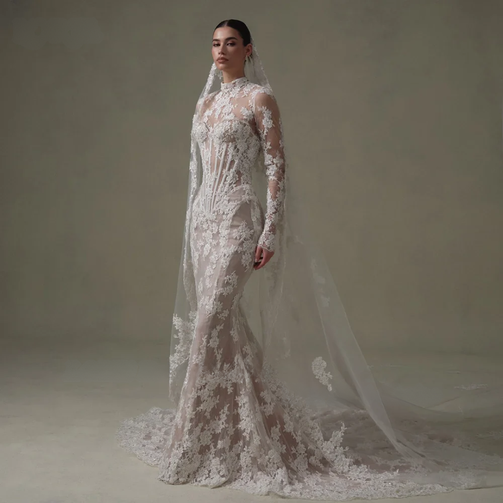 Vintage Lace Mermaid Wedding Dress – High Collar, Long Sleeves & Backless Design, Custom Made
