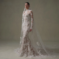Vintage Lace Mermaid Wedding Dress – High Collar, Long Sleeves & Backless Design, Custom Made