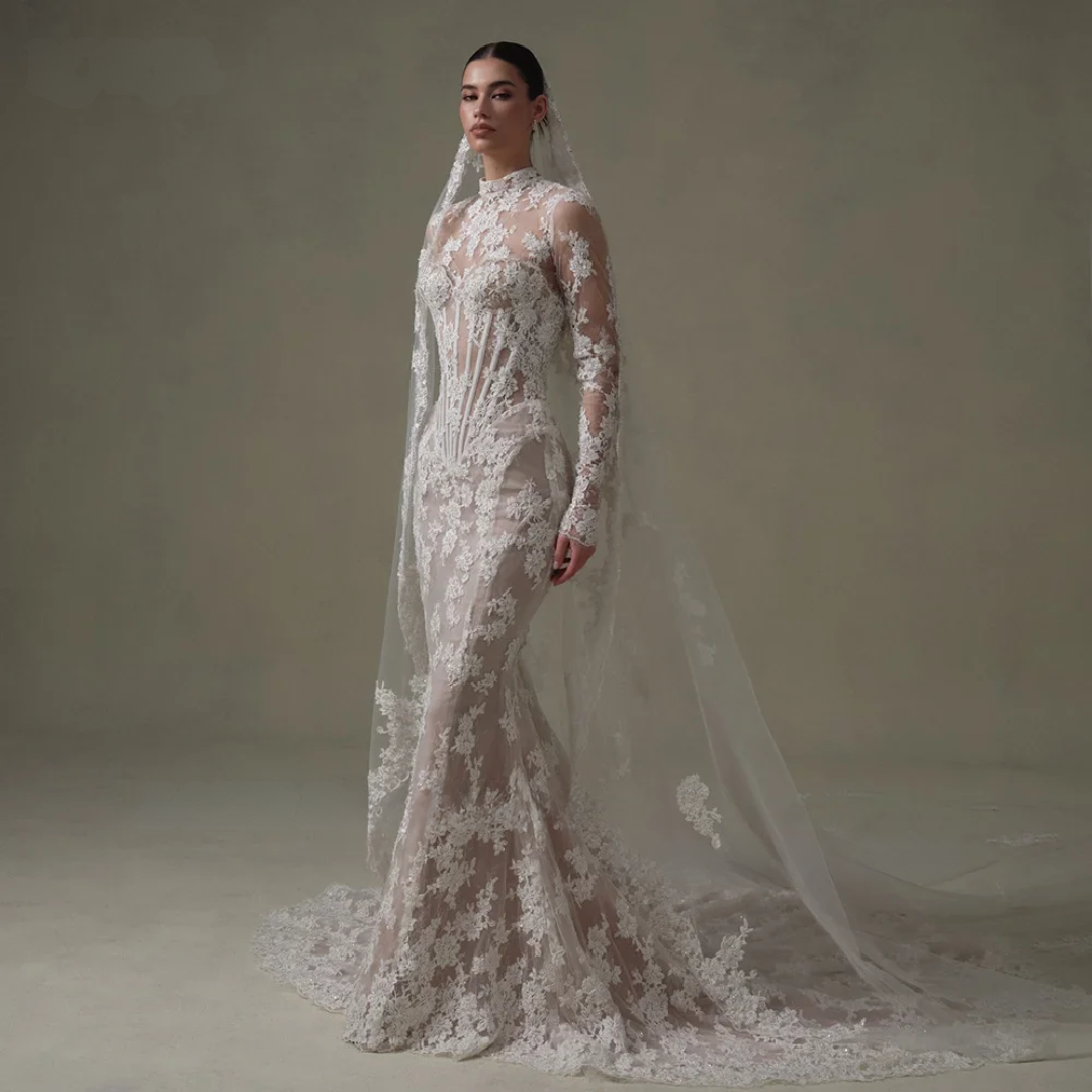 Vintage Lace Mermaid Wedding Dress – High Collar, Long Sleeves & Backless Design, Custom Made
