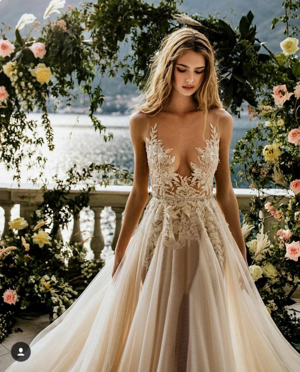 Boho Deep V-Neck A-Line Wedding Dress with Floral Lace Appliqué, Custom Made