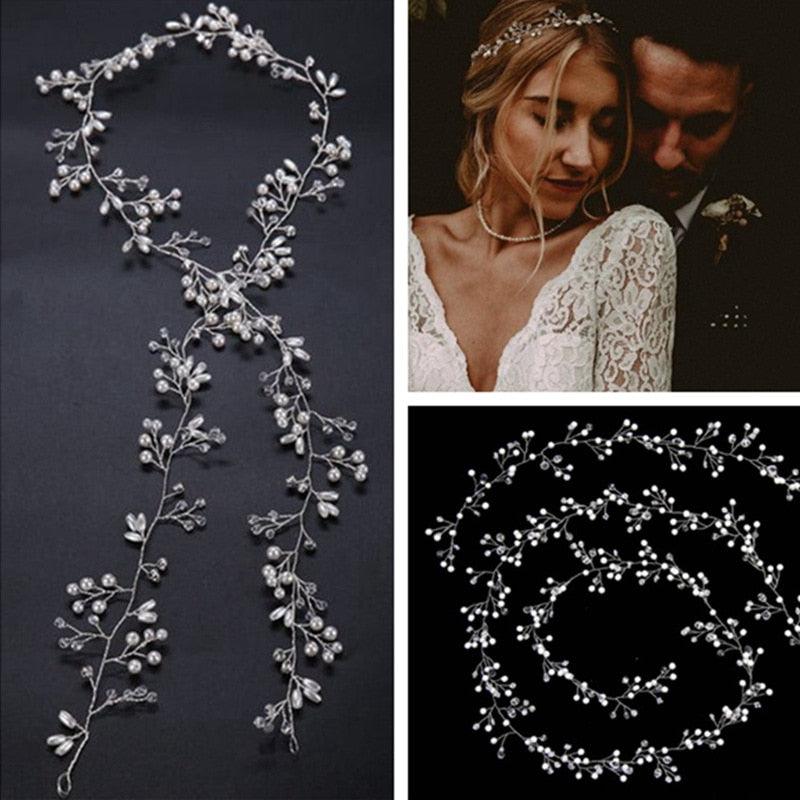 Crystal Pearl Bridal Tiaras Hairbands Hairpins Bridesmaid Diamante Hair Vine Accessories Wedding Jewelry 35cm Headwear