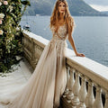 Boho Deep V-Neck A-Line Wedding Dress with Floral Lace Appliqué, Custom Made