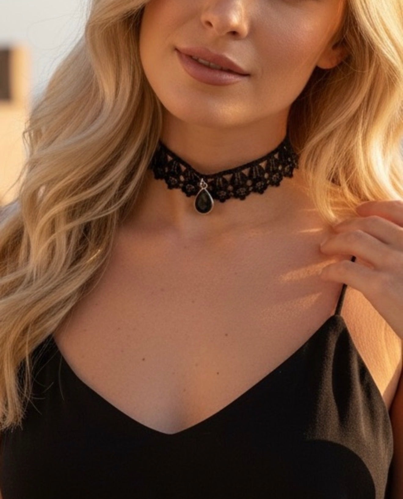 Lace Choker With Black Teardrop Pendant