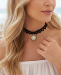 Cubic Zirconia Green Heart Charm Lace Choker Necklace With Pendant