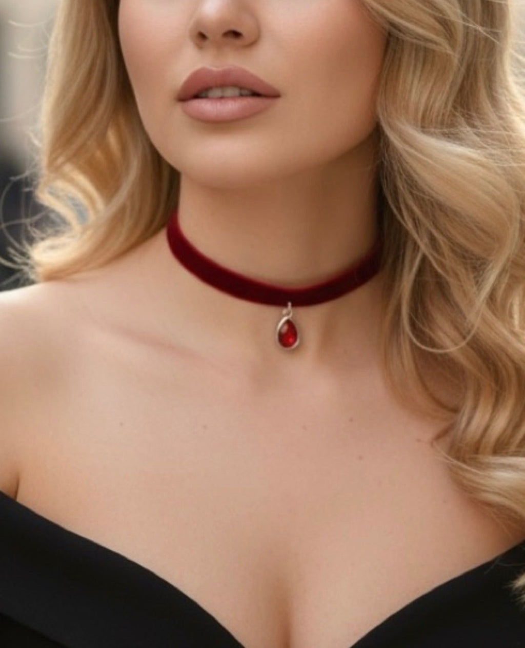 Red Teardrop Charm Choker Necklace With Silver Pendant & red band