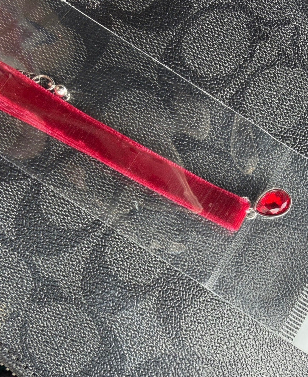 Red Teardrop Charm Choker Necklace With Silver Pendant & red band