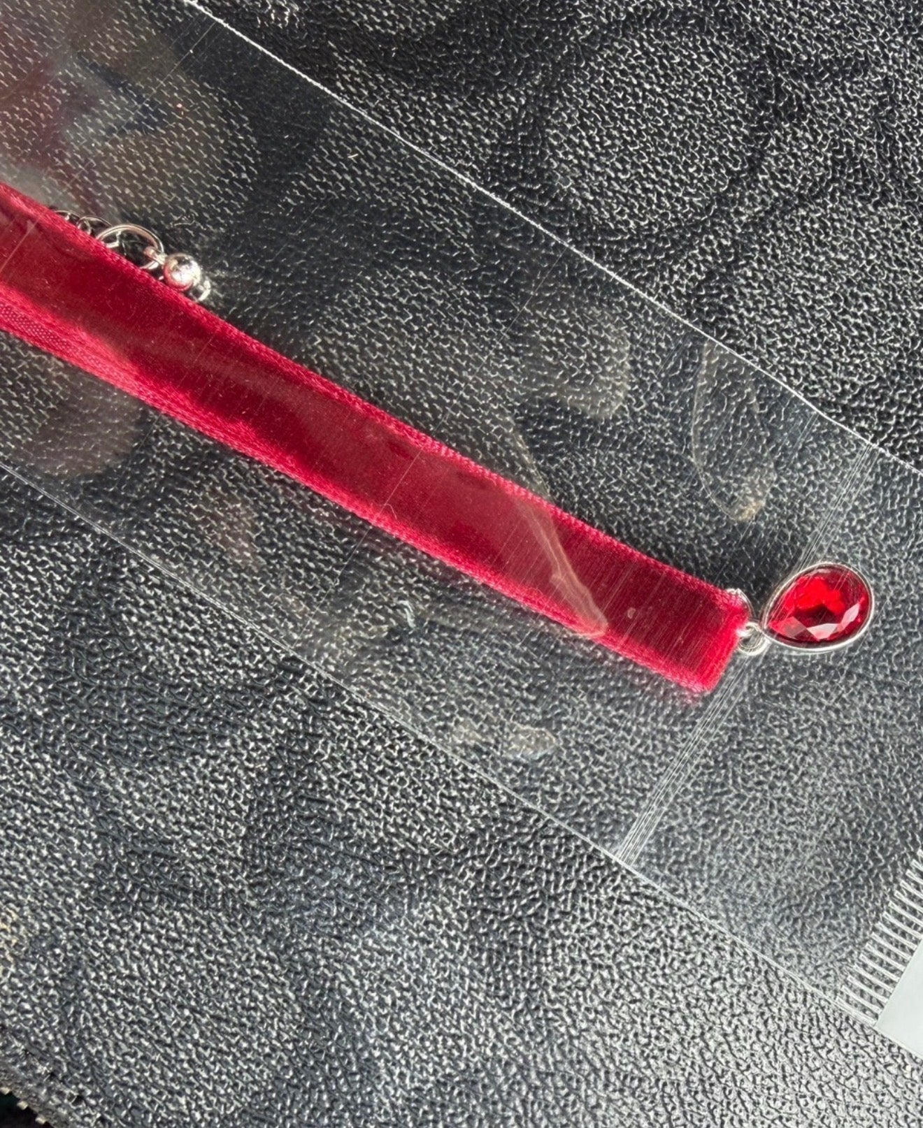 Red Teardrop Charm Choker Necklace With Silver Pendant & red band