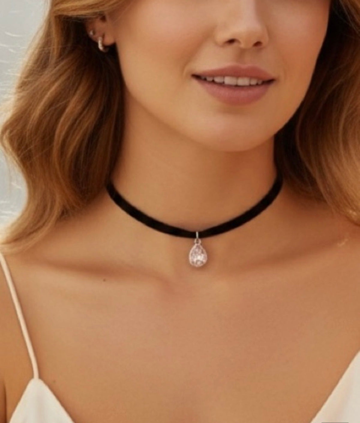 Pink Teardrop Pendant On Black Choker Necklace