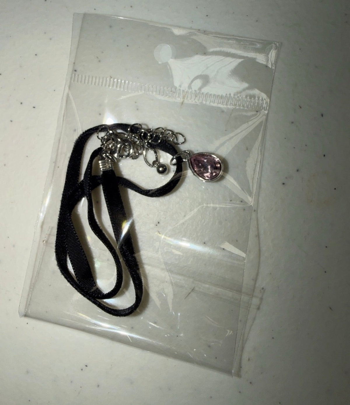 Pink Teardrop Pendant On Black Choker Necklace