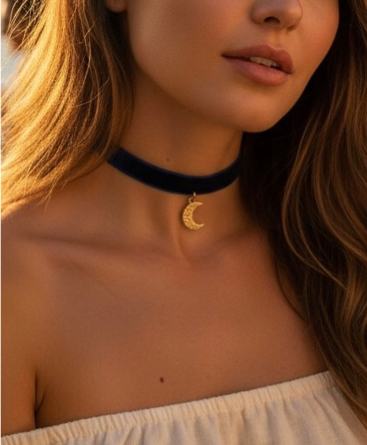 Blue choker necklace gold moon charm