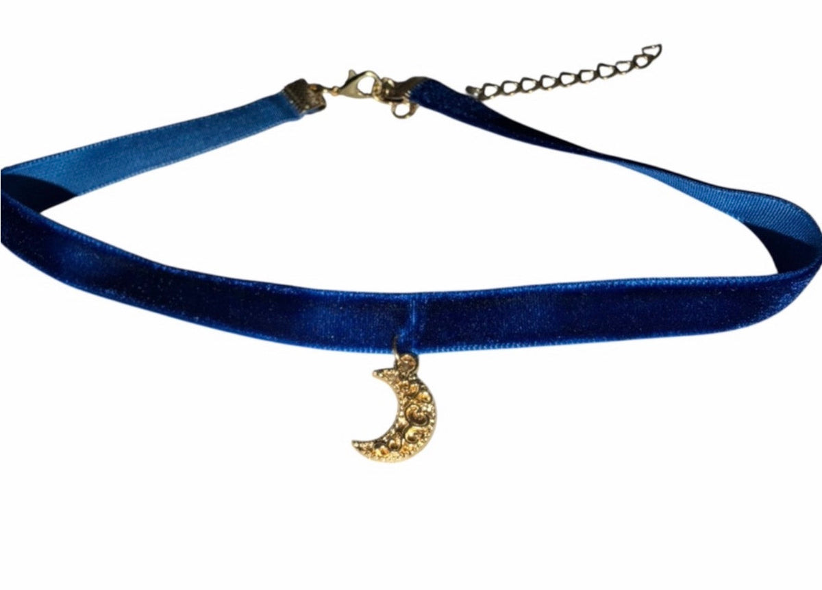 Blue choker necklace gold moon charm