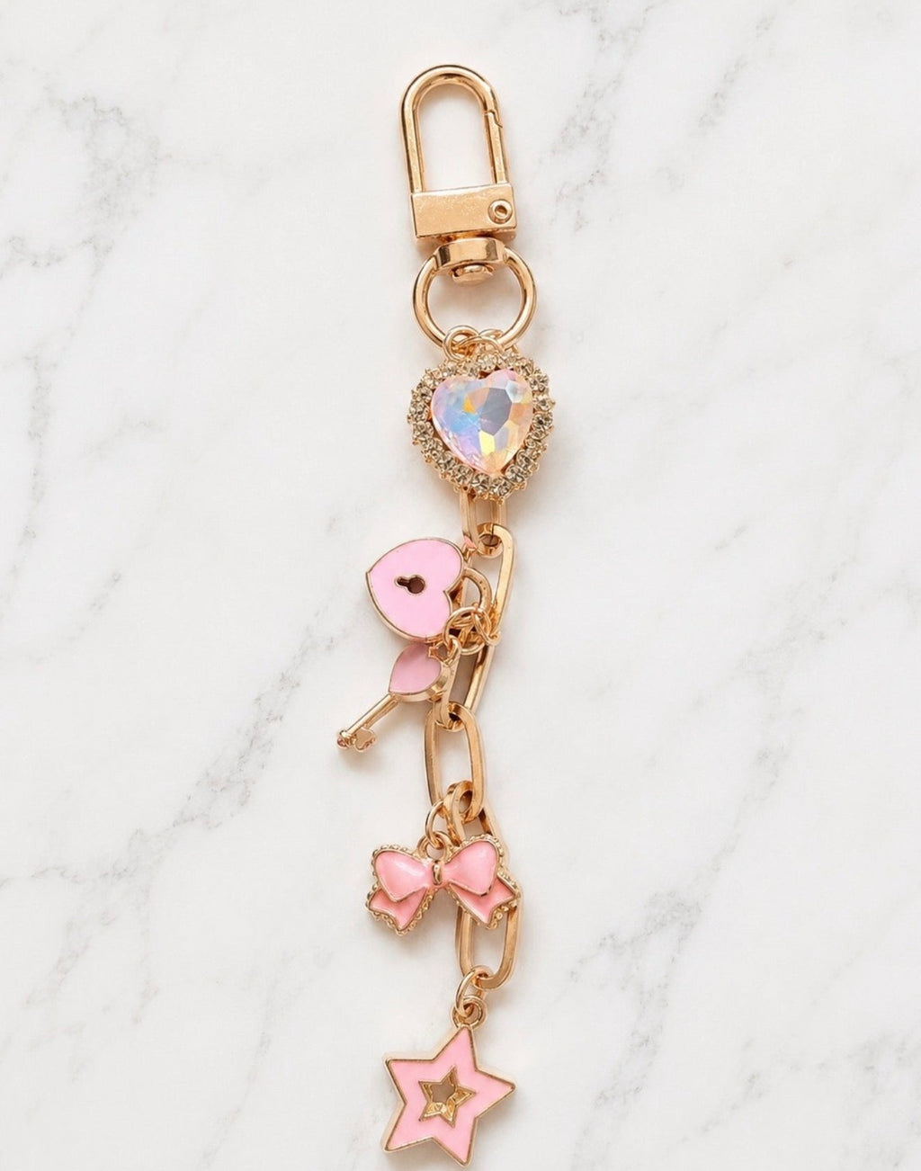Pretty in Pink Cubic zirconia purse charm bag accessories heart bow key star gold tone