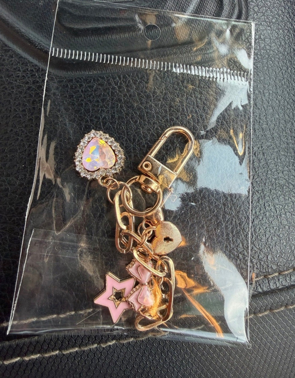 Pretty in Pink Cubic zirconia purse charm bag accessories heart bow key star gold tone