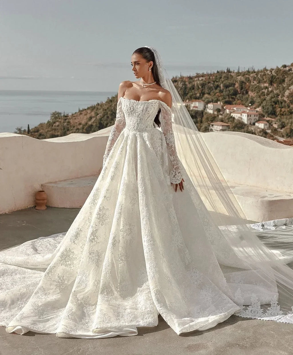 Lace Princess Ball Gown Wedding Dress – Long Sleeve, Off-Shoulder, Custom Made