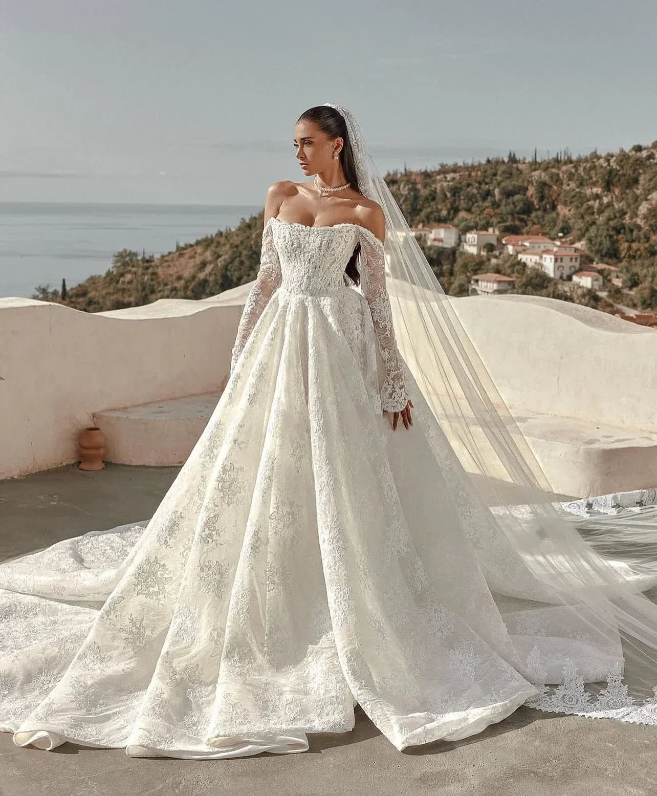 Lace Princess Ball Gown Wedding Dress – Long Sleeve, Off-Shoulder, Custom Made