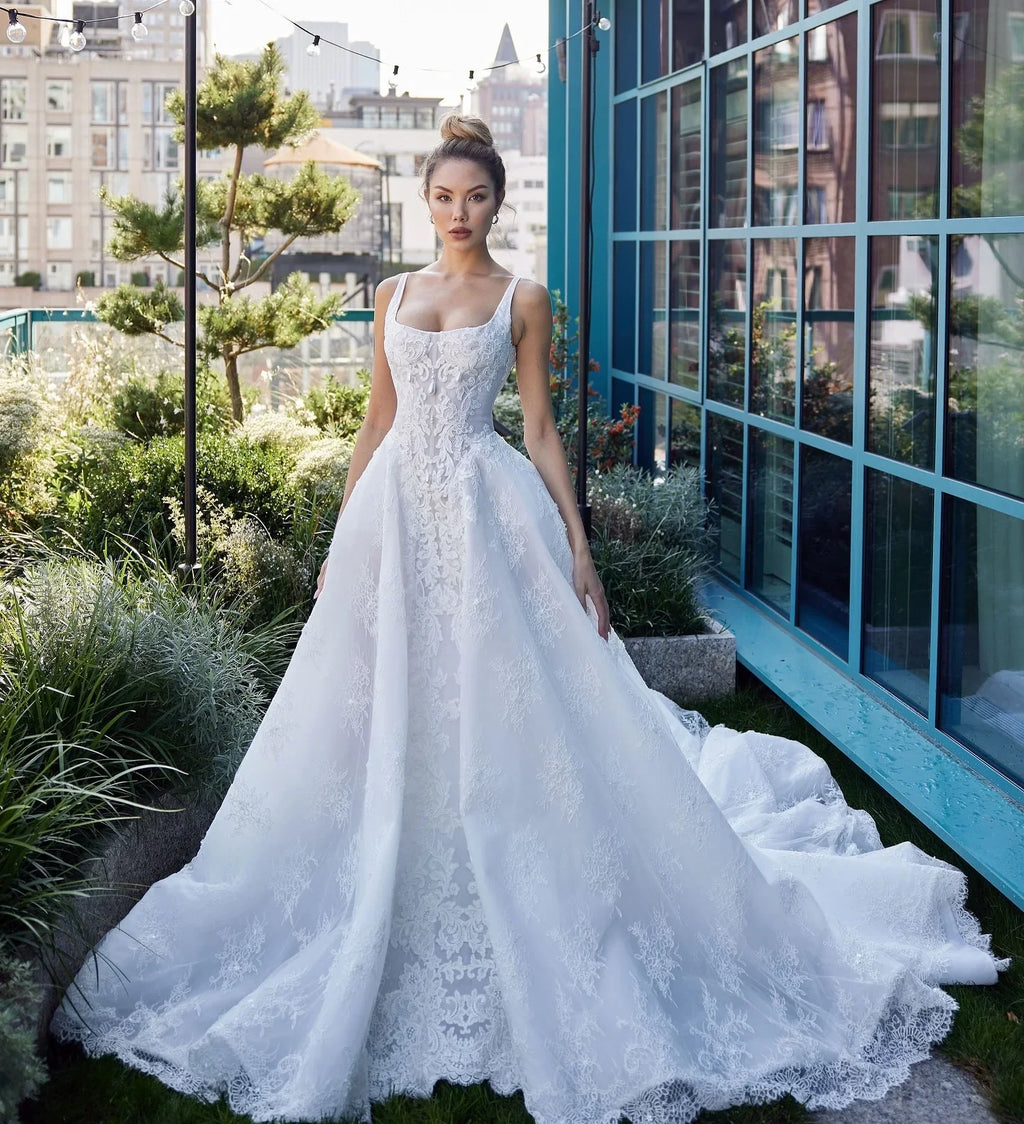 Luxury Lace Wedding Dress with Pearls – Elegant Bridal Gown, Custom Made