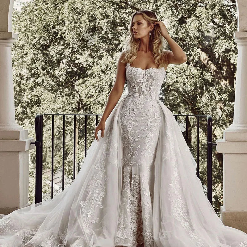 2-in-1 Mermaid Wedding Dress – Organza Embroidery Ball Gown, Square Collar & Sleeveless, Custom Made