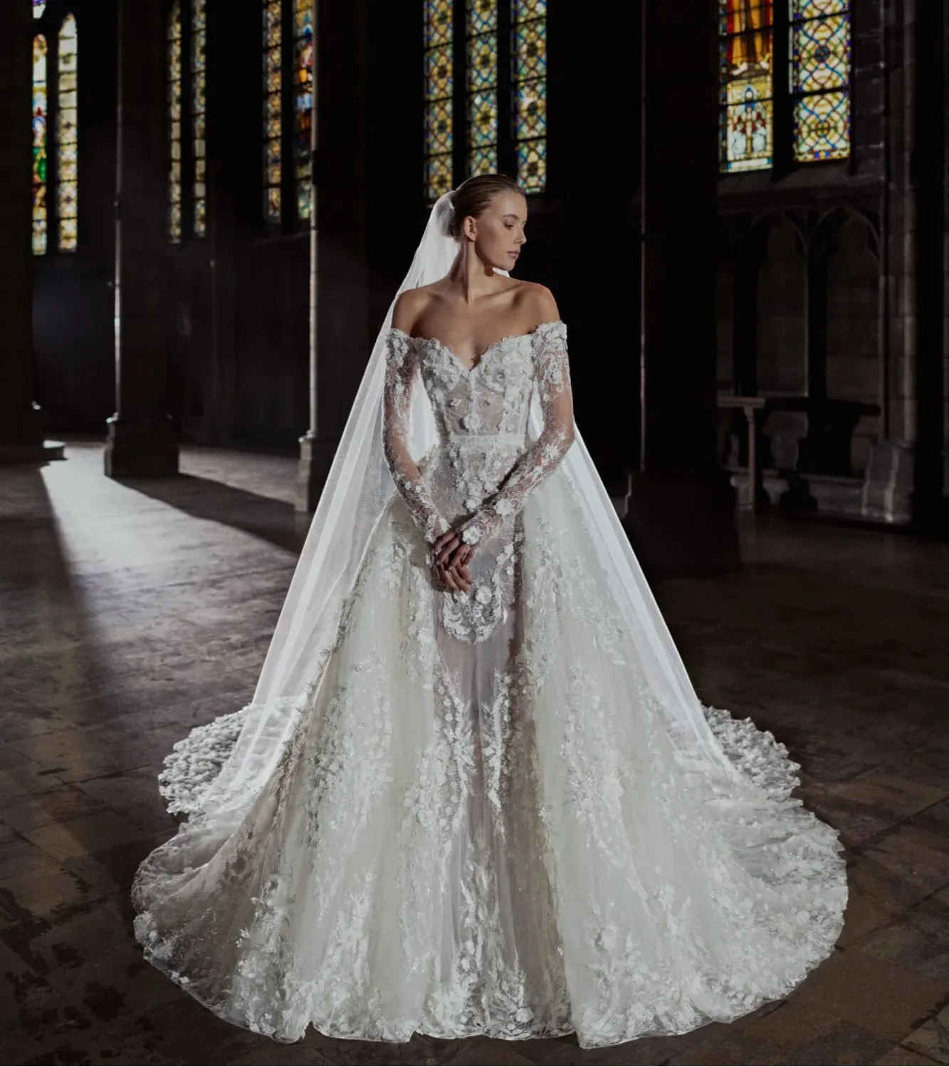 Luxury Mermaid Wedding Dress – Long Sleeve Lace with Detachable Skirt, Custom Made