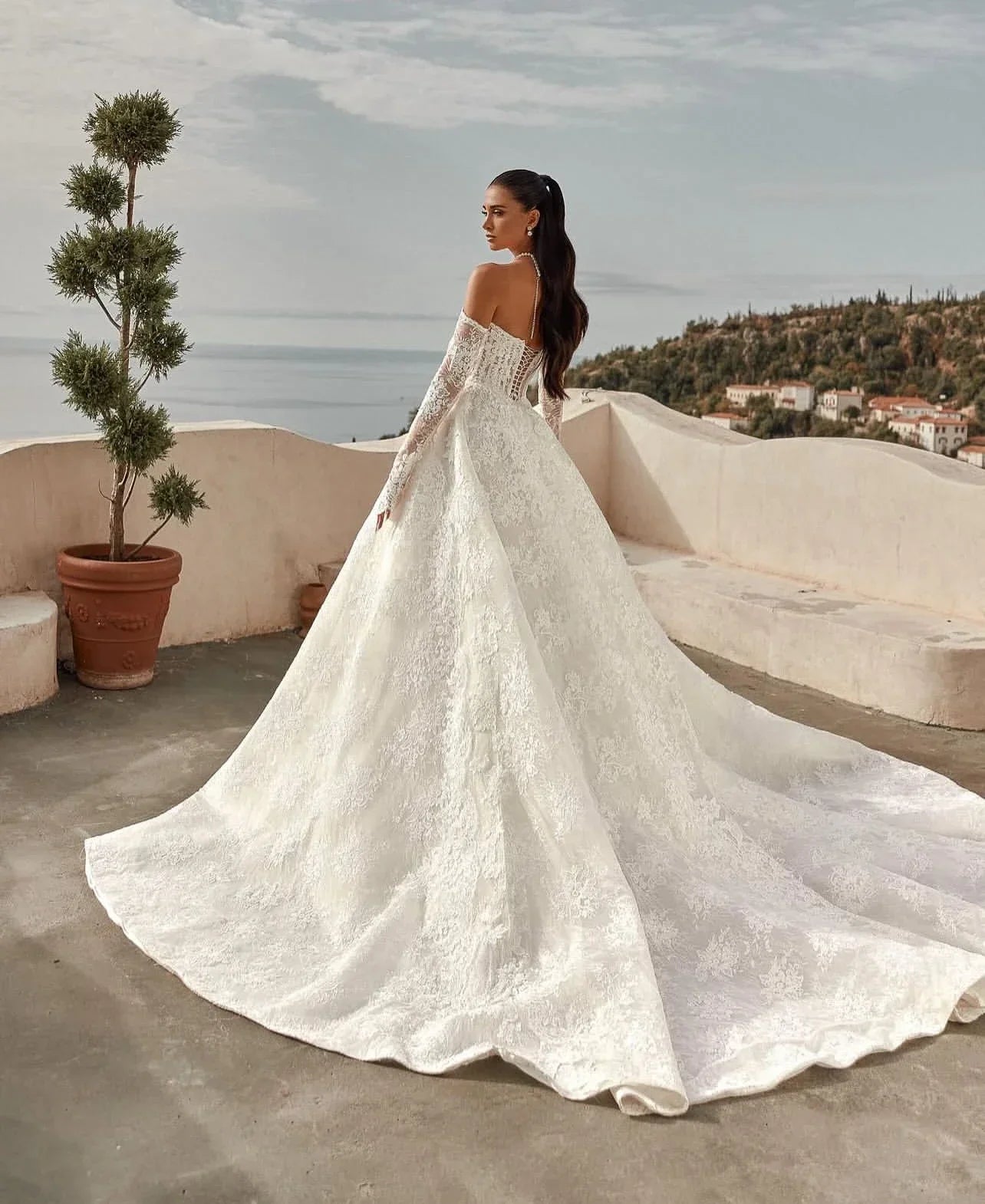 Lace Princess Ball Gown Wedding Dress – Long Sleeve, Off-Shoulder, Custom Made