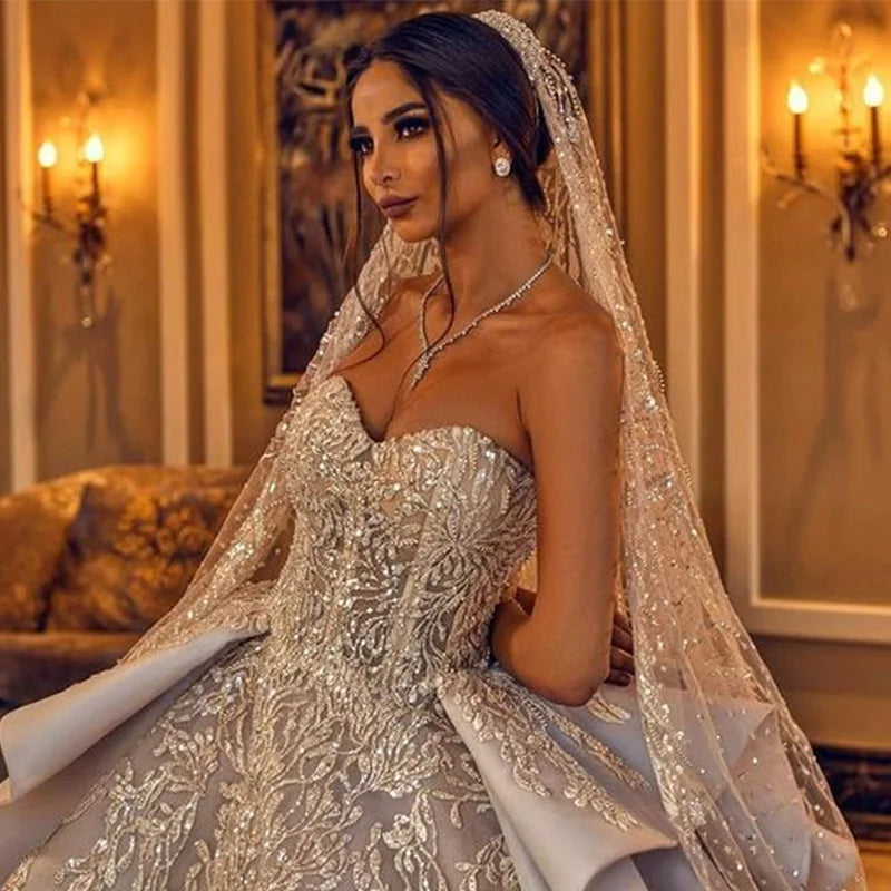 Ball Gown Wedding Dress – Sweetheart Neckline, Beading, Crystal Details & Long Train, Custom Made