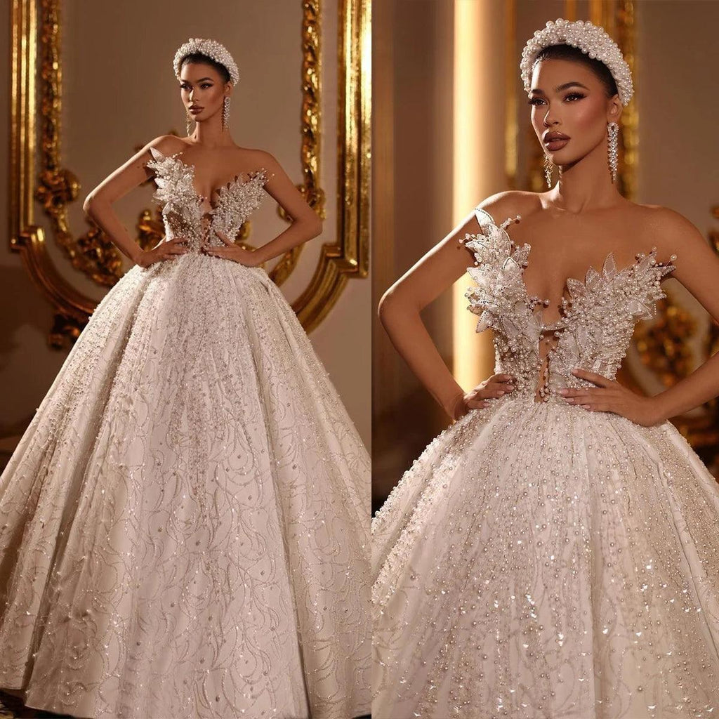 Pearl Beaded Lace Wedding Dress – Sexy V-Neck Bridal Gown, Custom Made