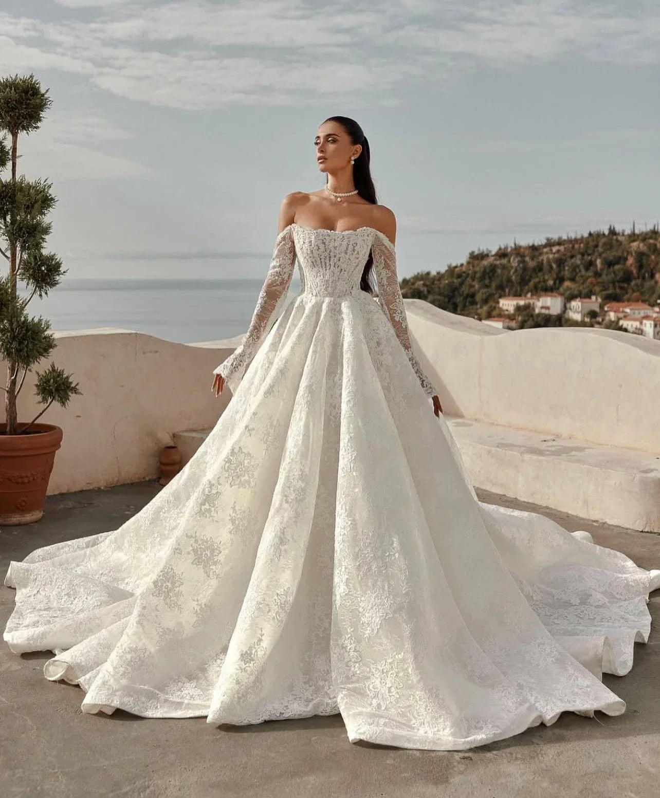 Lace Princess Ball Gown Wedding Dress – Long Sleeve, Off-Shoulder, Custom Made