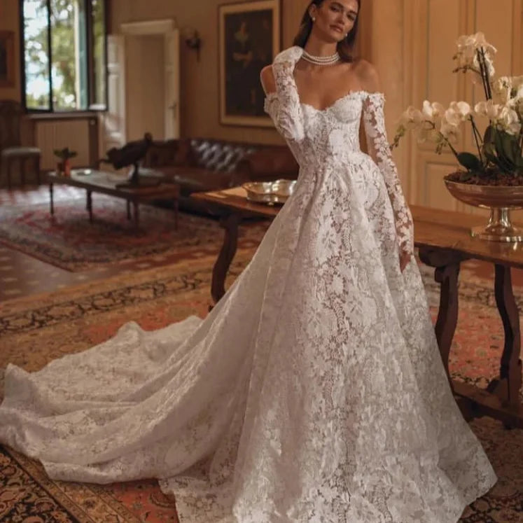 Luxury Vintage A-Line Lace Wedding Dress – Off-the-Shoulder & Long Sleeves, Custom Made