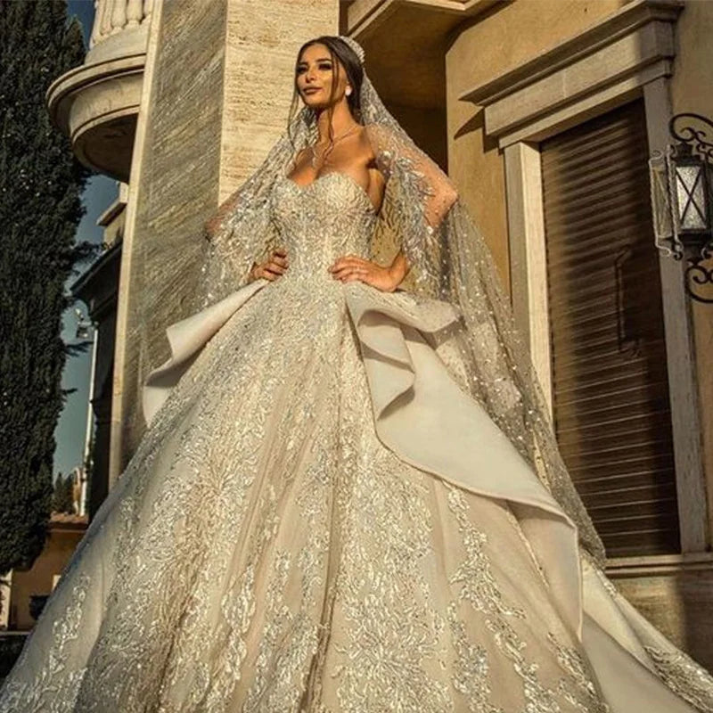 Ball Gown Wedding Dress – Sweetheart Neckline, Beading, Crystal Details & Long Train, Custom Made