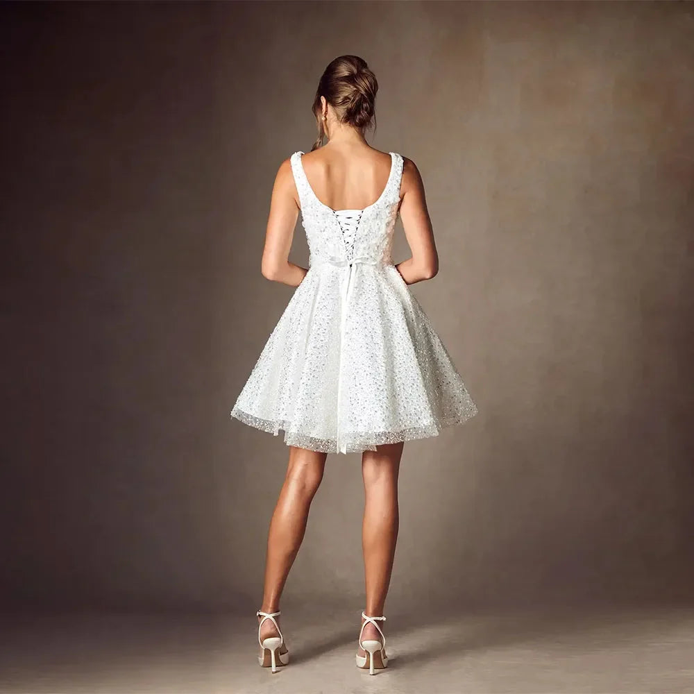 Sequin Beaded Short A-Line Wedding Dress – Spaghetti Straps & Sparkly Prom Bridal Gown, Custom Made