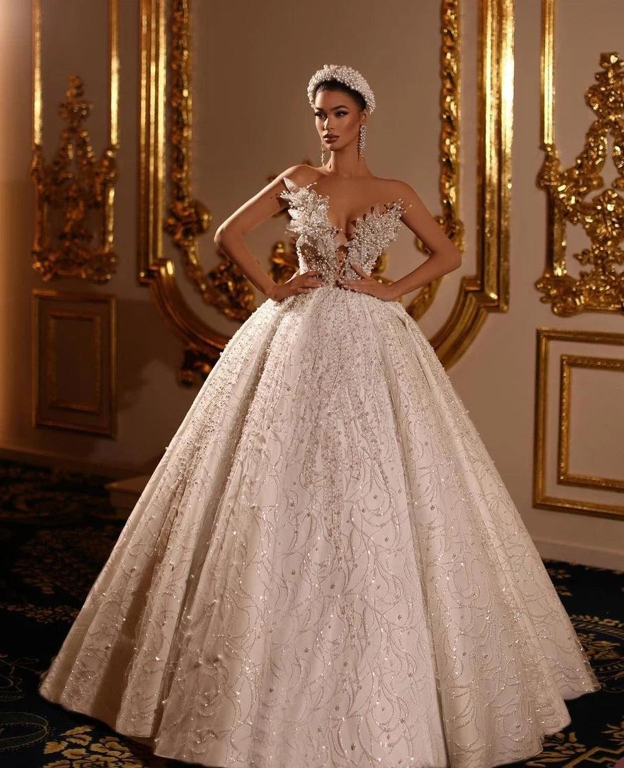 Pearl Beaded Lace Wedding Dress – Sexy V-Neck Bridal Gown, Custom Made