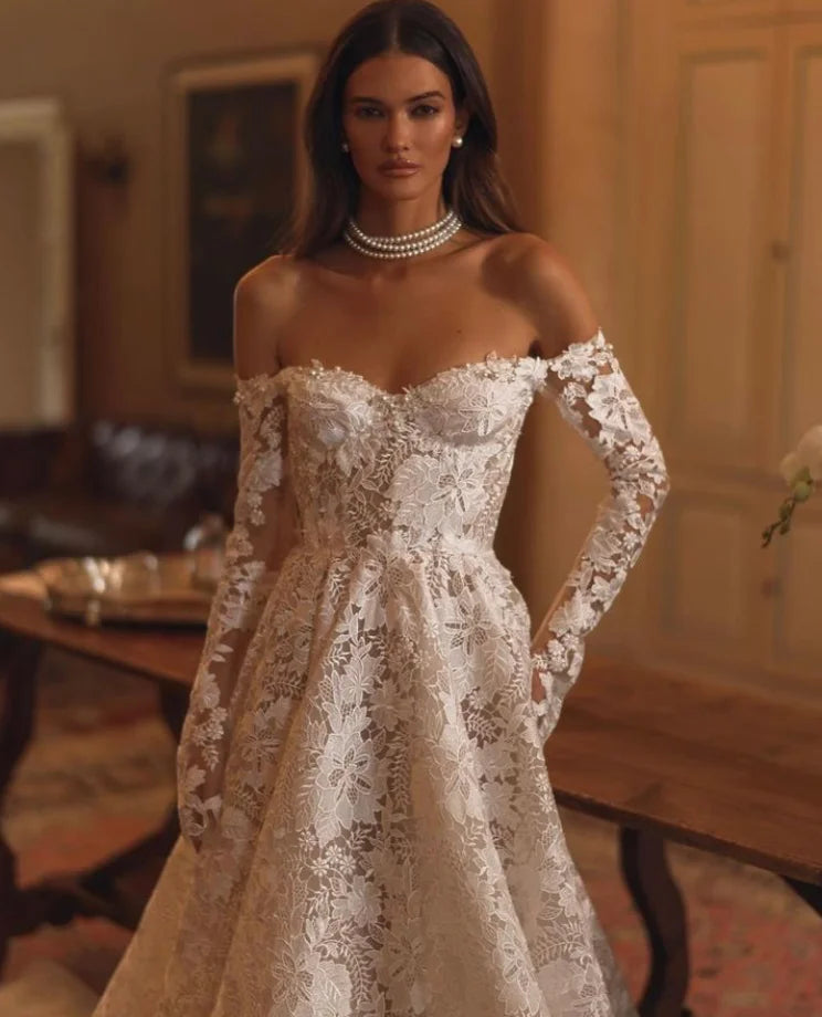 Luxury Vintage A-Line Lace Wedding Dress – Off-the-Shoulder & Long Sleeves, Custom Made