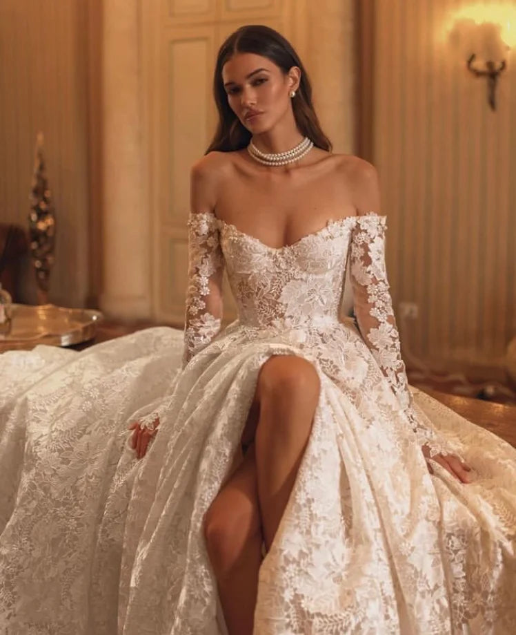 Luxury Vintage A-Line Lace Wedding Dress – Off-the-Shoulder & Long Sleeves, Custom Made