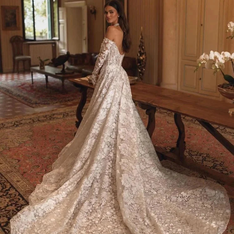 Luxury Vintage A-Line Lace Wedding Dress – Off-the-Shoulder & Long Sleeves, Custom Made
