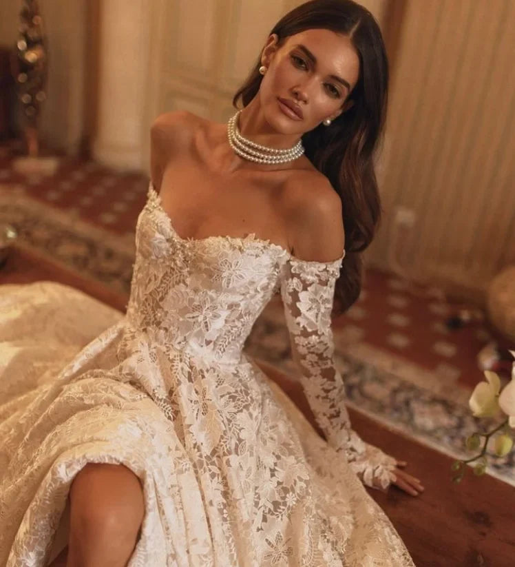 Luxury Vintage A-Line Lace Wedding Dress – Off-the-Shoulder & Long Sleeves, Custom Made