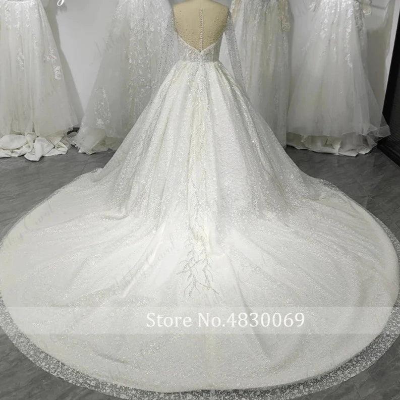 Royal French Princess Wedding Dress – Luxury Long Sleeves with Sparkling Beads, Custom Made