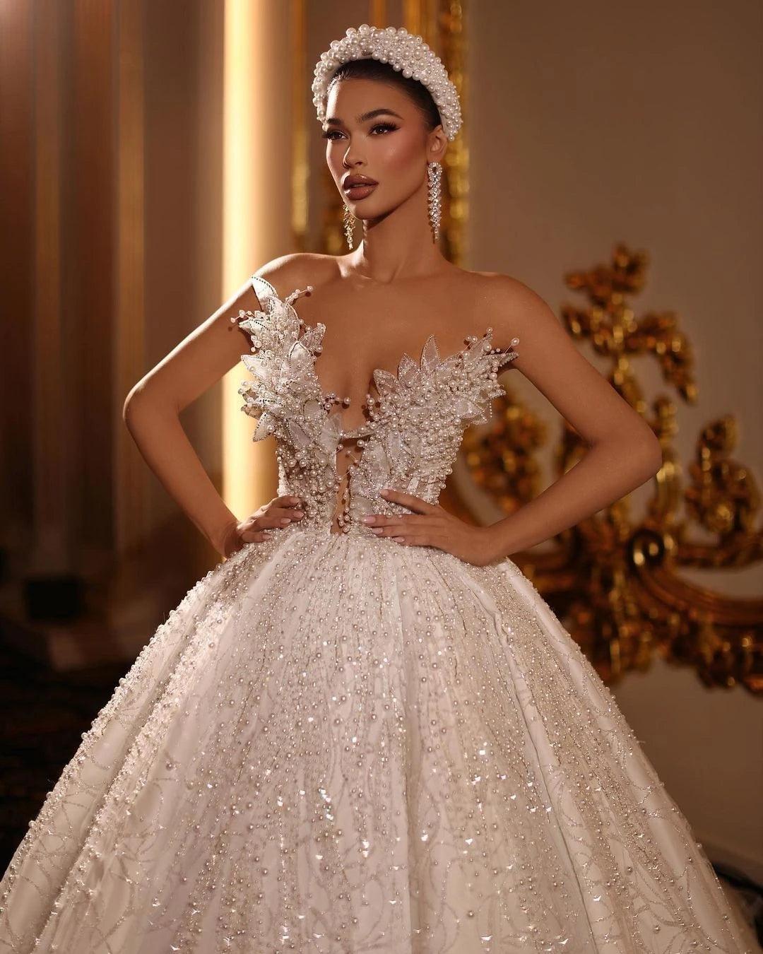 Pearl Beaded Lace Wedding Dress – Sexy V-Neck Bridal Gown, Custom Made