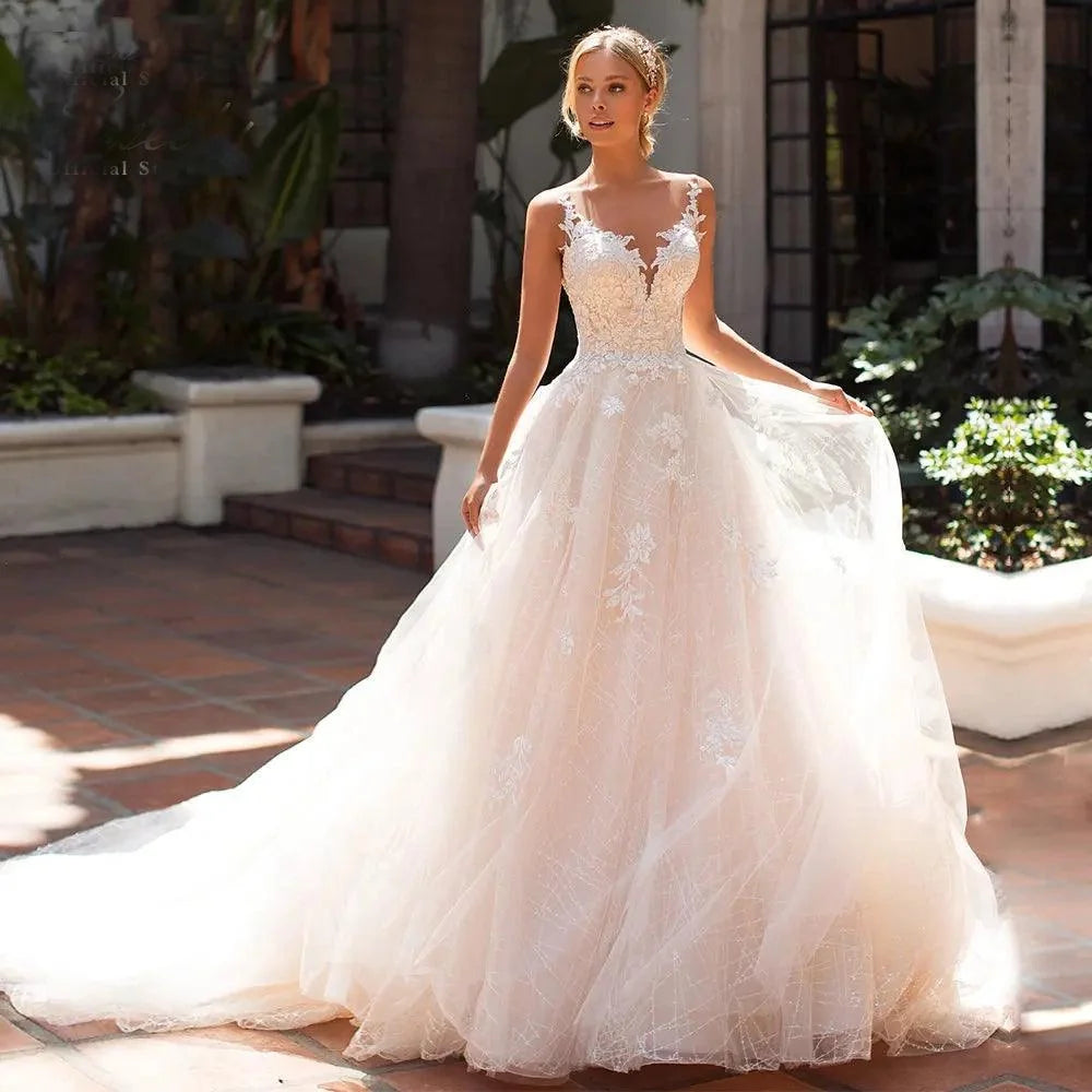 Luxury Embroidered Lace Ball Gown Wedding Dress – V-Neck, Sleeveless & Appliqués, Custom Made