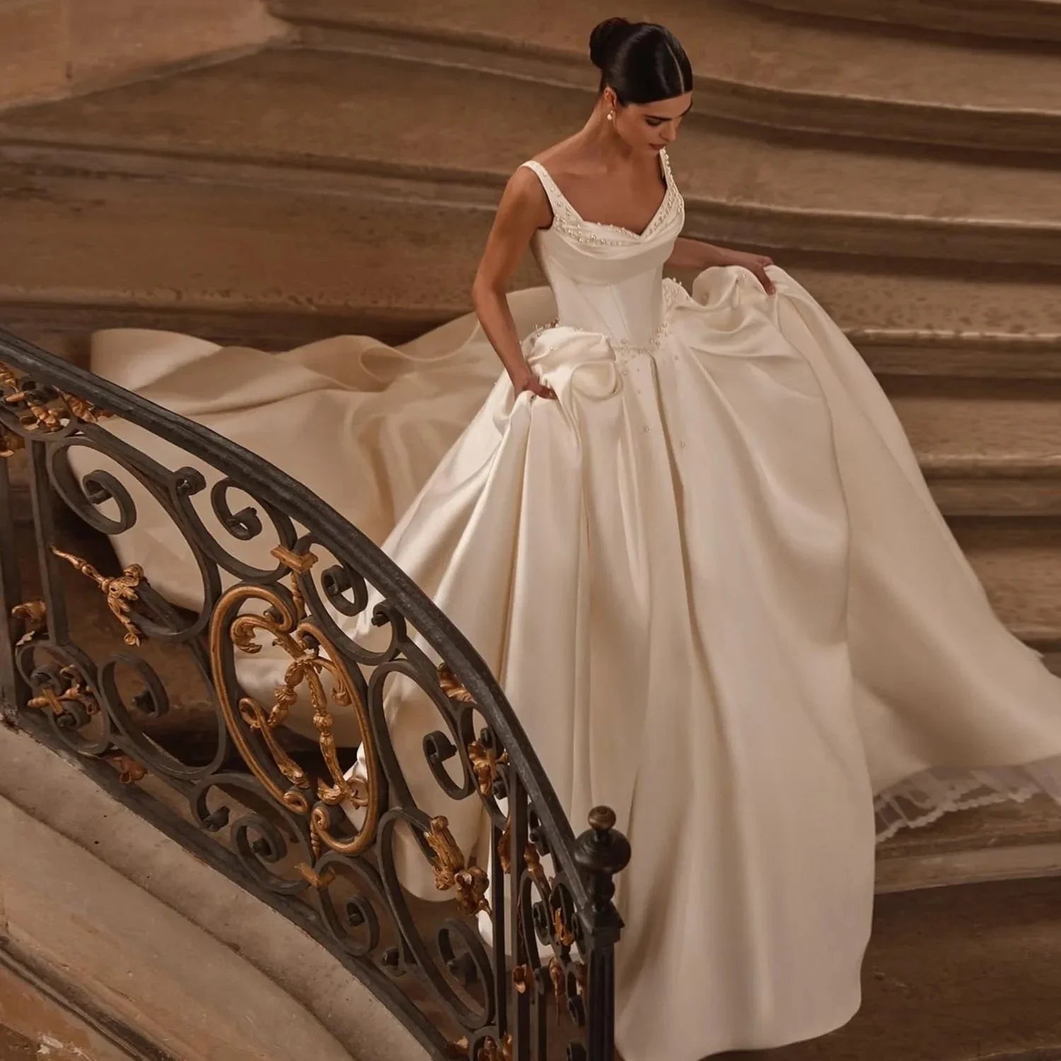 Sweetheart Off-Shoulder Ball Gown Wedding Dress – Pearl Details & Court Train, Custom Made