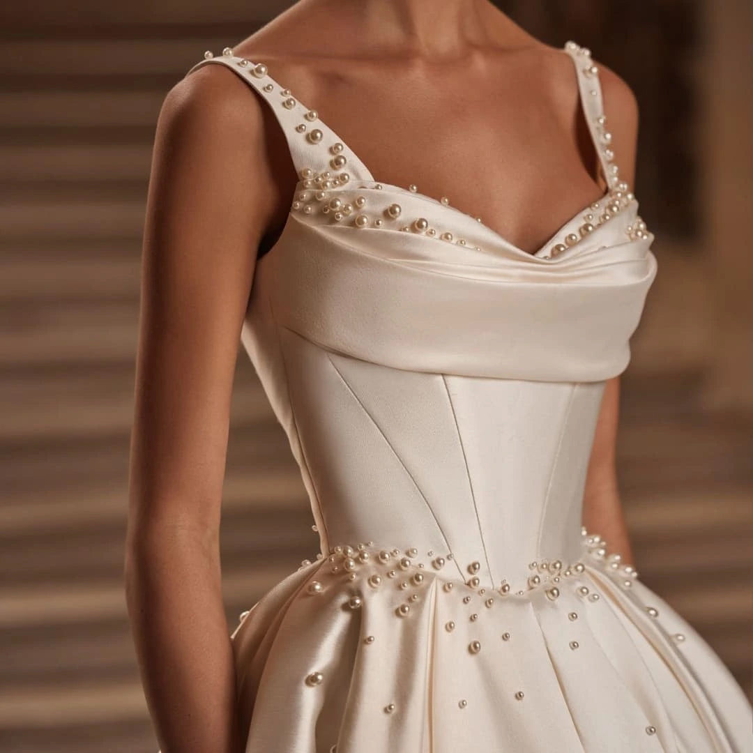 Sweetheart Off-Shoulder Ball Gown Wedding Dress – Pearl Details & Court Train, Custom Made