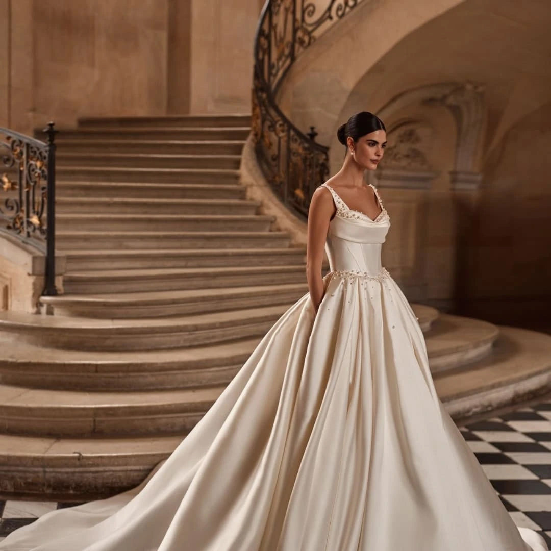 Sweetheart Off-Shoulder Ball Gown Wedding Dress – Pearl Details & Court Train, Custom Made