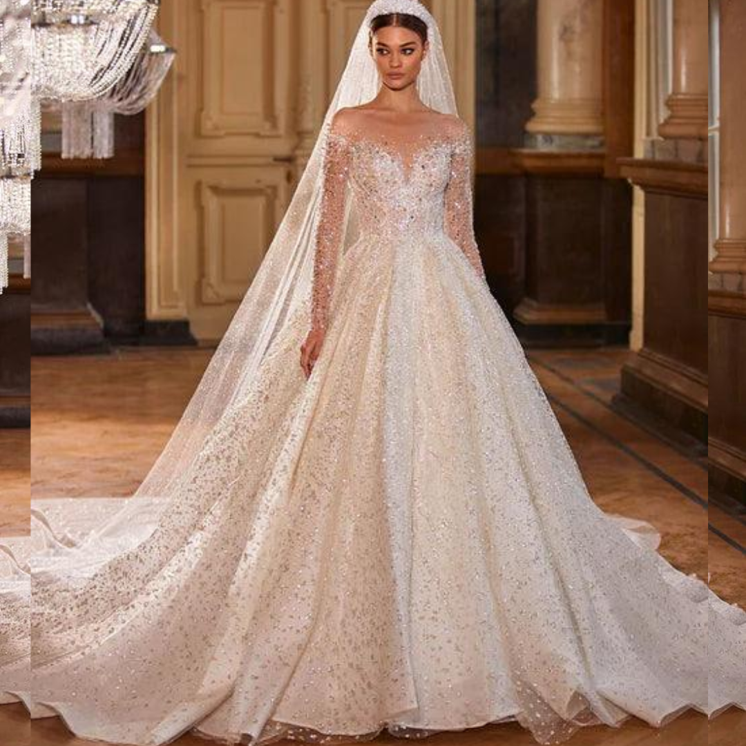 Royal French Princess Wedding Dress – Luxury Long Sleeves with Sparkling Beads, Custom Made
